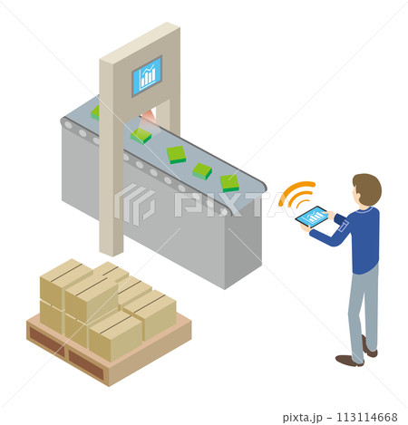 産業機器をタブレット端末で操作する作業者のイラスト 113114668