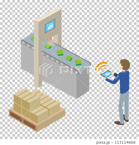 産業機器をタブレット端末で操作する作業者のイラスト 113114668