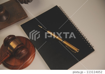 image of judge's hammer, scales lady of justice, law book, laptop computer and contract documents with pen concept of law and justice. 113114852