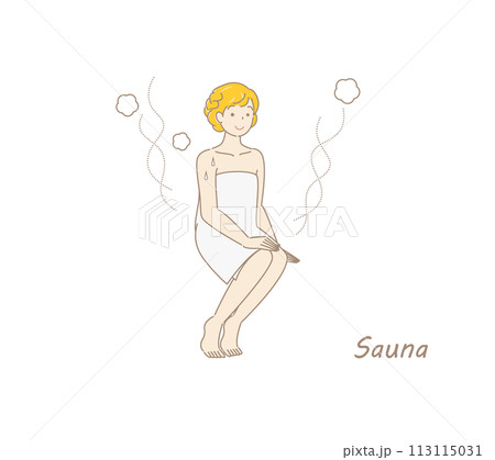 サウナから水風呂の後、休憩スペースへ移動し、外気に当たりながら体を冷ましている可愛い女性 整う 113115031
