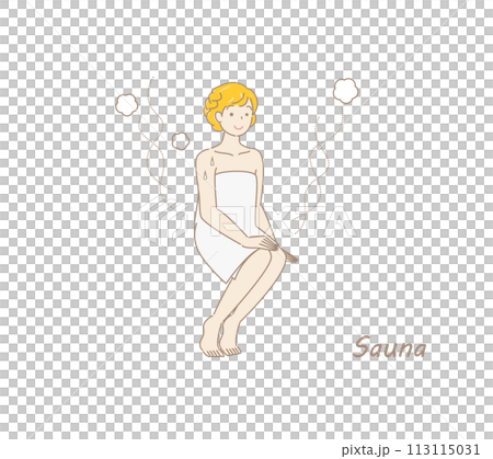 サウナから水風呂の後、休憩スペースへ移動し、外気に当たりながら体を冷ましている可愛い女性 整う 113115031