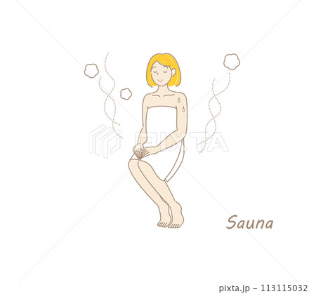 サウナから水風呂の後、休憩スペースへ移動し、外気に当たりながら体を冷ましている可愛い女性 整う サウナから水風呂の後、休憩スペースへ移動し、外気に当たりながら体を冷ましている可愛い女性 整う 113115032