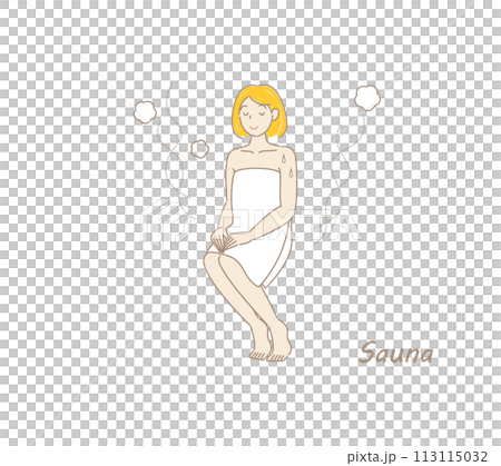 サウナから水風呂の後、休憩スペースへ移動し、外気に当たりながら体を冷ましている可愛い女性 整う サウナから水風呂の後、休憩スペースへ移動し、外気に当たりながら体を冷ましている可愛い女性 整う 113115032