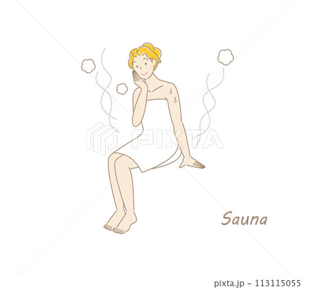 サウナから水風呂の後、休憩スペースへ移動し、外気に当たりながら体を冷ましている可愛い女性 整う 113115055