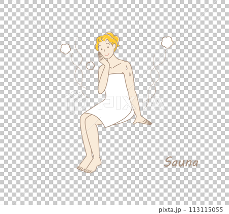 サウナから水風呂の後、休憩スペースへ移動し、外気に当たりながら体を冷ましている可愛い女性 整う 113115055