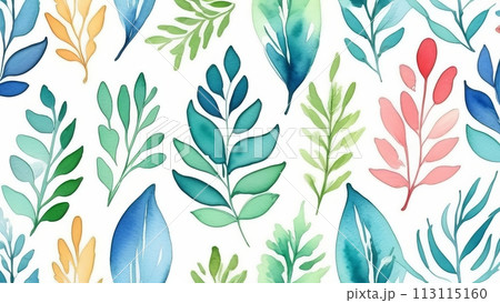 A seamless pattern of colorful watercolor leaves 113115160