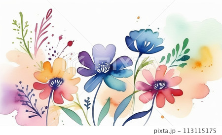 Watercolor art of colorful flowers and splatter on white 113115175