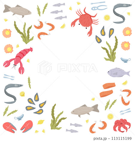 Seafood icons elements in color. Vector illustration of seafood and sea cuisine. 113115199