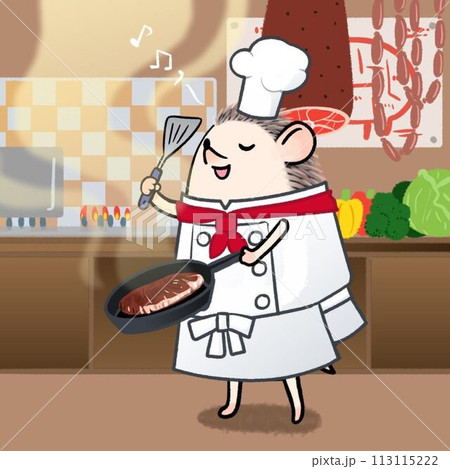 グルメで食通なハリネズミ料理長の、おいしいメニューを考えて作ってくれるイラスト 113115222