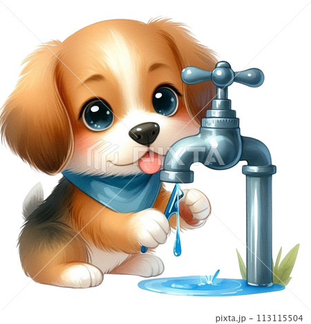 Dog turns off faucet clipart watercolor 113115504