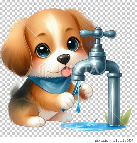 Dog turns off faucet clipart watercolor 113115504
