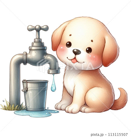 Dog turns off faucet clipart watercolor 113115507