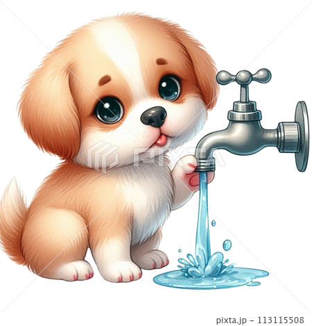 Dog turns off faucet clipart watercolor 113115508