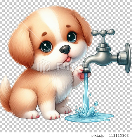 Dog turns off faucet clipart watercolor 113115508