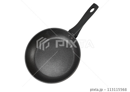 Black frying pan with nonstick surface isolated on white background, close-up Black frying pan with nonstick surface isolated on white background, close-up 113115568