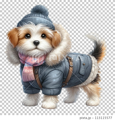 Dog wearing winter clothes clipart watercolor 113115577