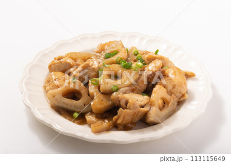 鶏ムネ肉とレンコンの甘酢照り焼き 113115649