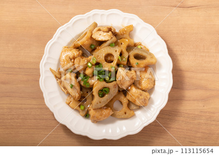 鶏ムネ肉とレンコンの甘酢照り焼き 113115654