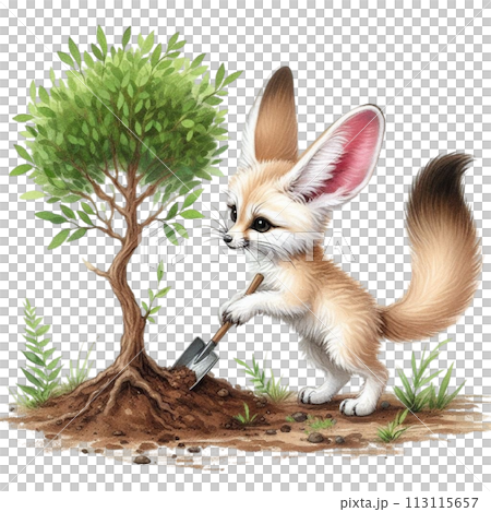 Fox waters the plants clipart watercolor 113115657