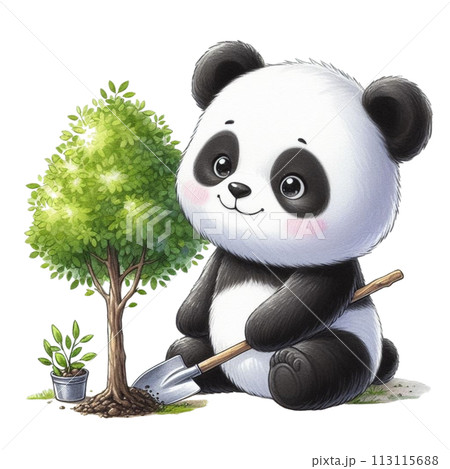 Panda planting trees clipart watercolor 113115688