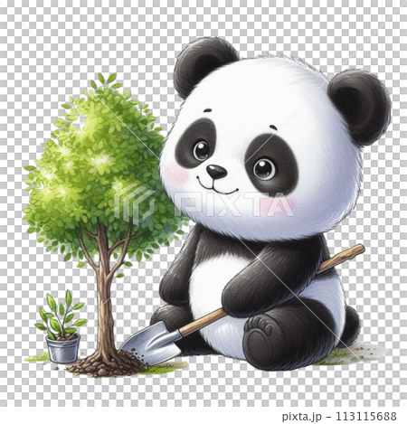 Panda planting trees clipart watercolor 113115688