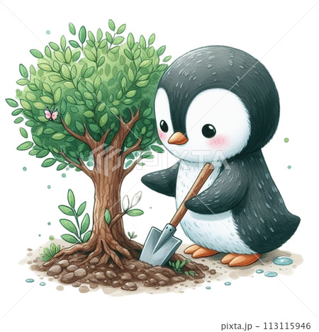 Penguin planting trees clipart watercolor 113115946