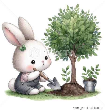 rabbit planting trees clipart watercolorのイラスト素材 [113116010] - PIXTA