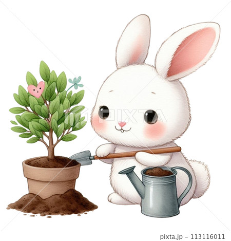 rabbit planting trees clipart watercolorのイラスト素材 [113116011] - PIXTA