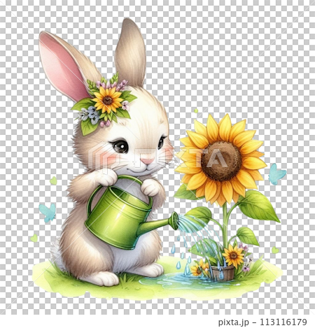 Rabbit waters sunflowers clipart watercolor 113116179