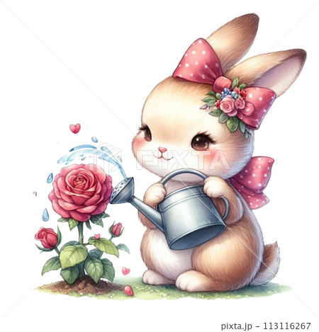 Rabbit waters the rose tree clipart watercolor 113116267