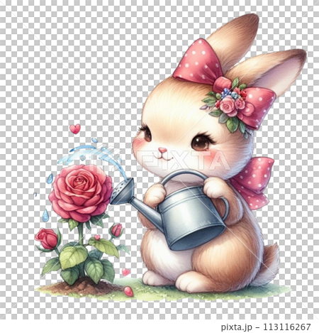 Rabbit waters the rose tree clipart watercolor 113116267