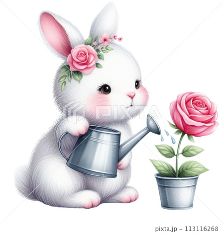 Rabbit waters the rose tree clipart watercolor 113116268
