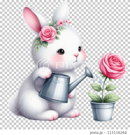 Rabbit waters the rose tree clipart watercolor 113116268