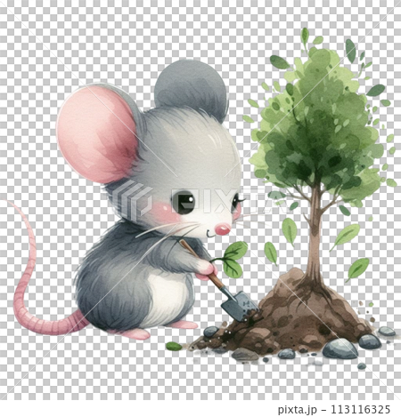 Rat planting a tree clipart watercolor Rat planting a tree clipart watercolor 113116325
