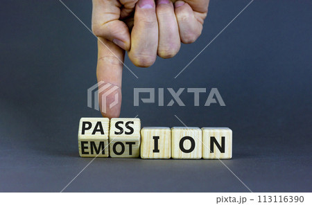 Passion or emotion symbol. Businessman turns wooden cubes and changes the word 'emotion' to 'passion'. Beautiful grey table, grey background, copy space. Business, passion or emotion concept. 113116390
