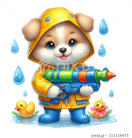 Cute dog holding a water gun clipart watercolor Cute dog holding a water gun clipart watercolor 113116475