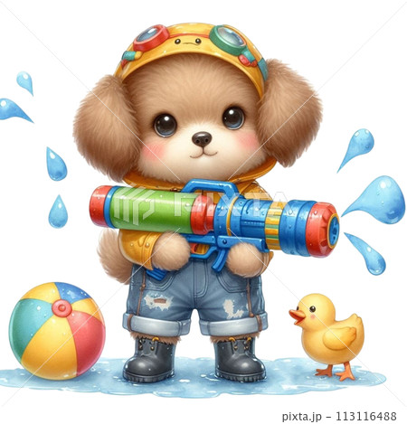 Cute dog holding a water gun clipart watercolor Cute dog holding a water gun clipart watercolor 113116488