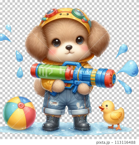 Cute dog holding a water gun clipart watercolor Cute dog holding a water gun clipart watercolor 113116488