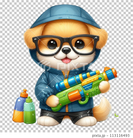 Cute dog holding a water gun clipart watercolor 113116493