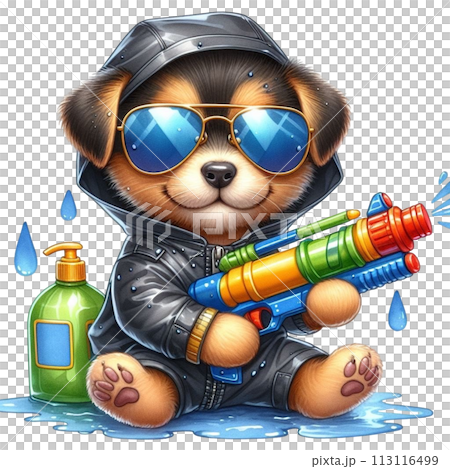 Cute dog holding a water gun clipart watercolor 113116499