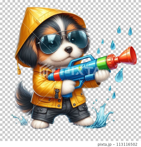 Cute dog holding a water gun clipart watercolor 113116502
