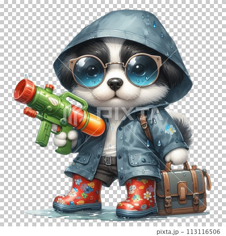 Cute dog holding a water gun clipart watercolor 113116506