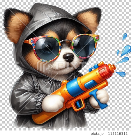 Cute dog holding a water gun clipart watercolor 113116511