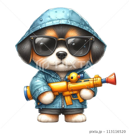 Cute dog holding a water gun clipart watercolor 113116520