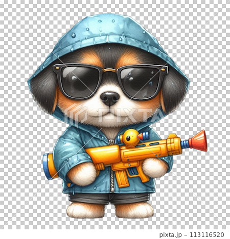 Cute dog holding a water gun clipart watercolor 113116520