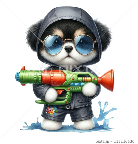 Cute dog holding a water gun clipart watercolor Cute dog holding a water gun clipart watercolor 113116530