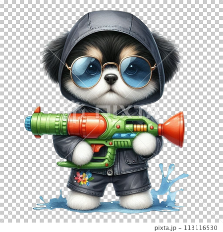 Cute dog holding a water gun clipart watercolor 113116530