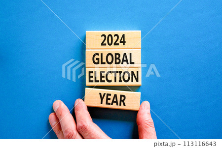 2024 global election year symbol. Concept words 2024 global election year on beautiful block. Beautiful blue table background. Voter hand. Business 2024 global election year concept. Copy space 2024 global election year symbol. Concept words 2024 global election year on beautiful block. Beautiful blue table background. Voter hand. Business 2024 global election year concept. Copy space 113116643