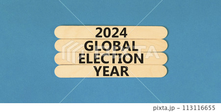 2024 global election year symbol. Concept words 2024 global election year on wooden stick. Beautiful blue table blue background. Business 2024 global election year concept. Copy space. 2024 global election year symbol. Concept words 2024 global election year on wooden stick. Beautiful blue table blue background. Business 2024 global election year concept. Copy space. 113116655