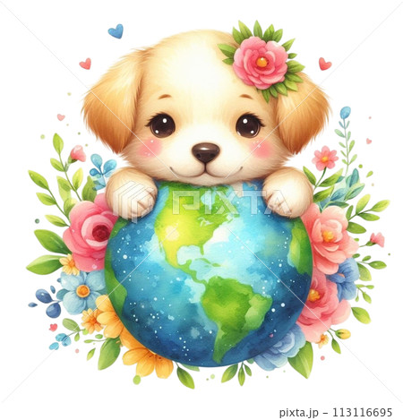 dog hugs the globe clipart watercolor 113116695
